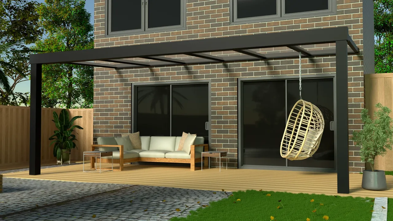 Veranda in antraciet met polycarbonaat dak, gerenderd door de Primvion-configurator