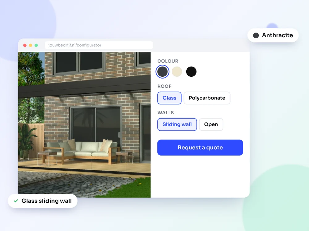 Configurator with patio cover render and option menu in a browser window