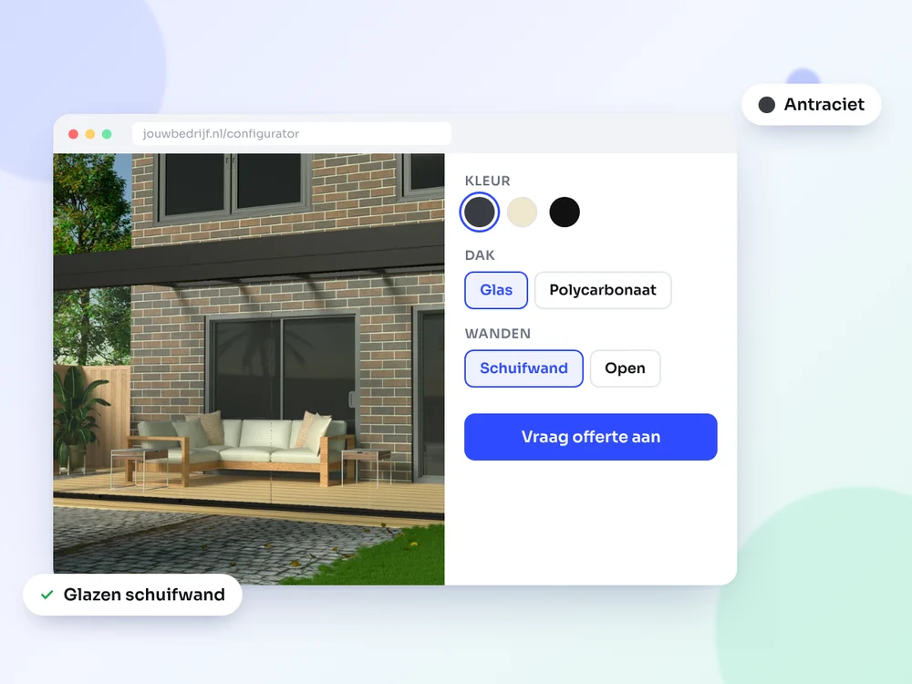 Configurator met veranda-render en keuzemenu in een browservenster